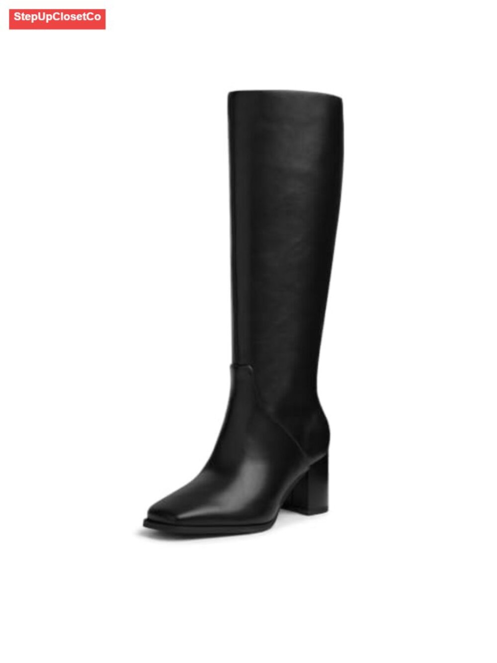 Square Toe Knee High Pull On Boots Chunky Block Heel Faux Leather Tall Boots